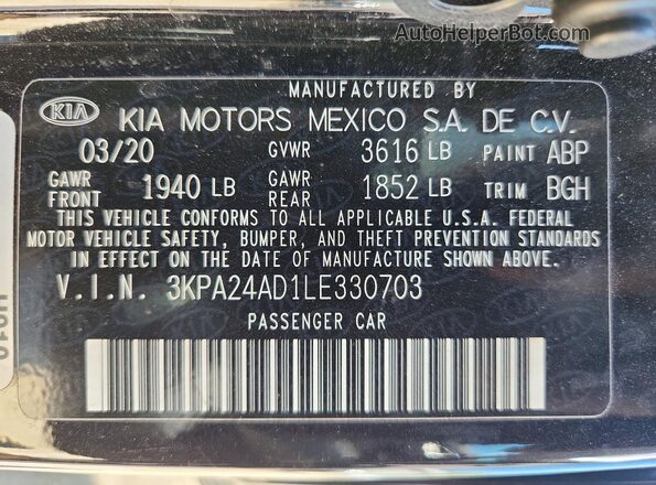 3KPA24AD1LE330703 2020 KIA RIO Black VIN კოდის სტიკერის ხედი
