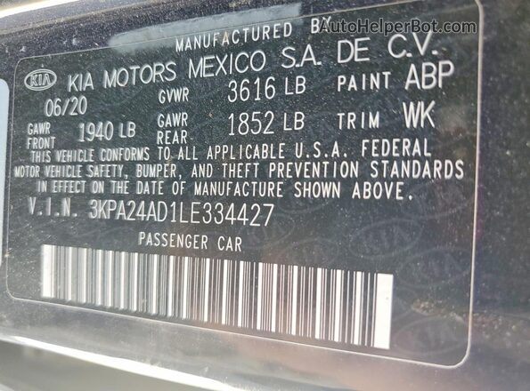3KPA24AD1LE334427 2020 KIA RIO Black Vista de la etiqueta del VIN