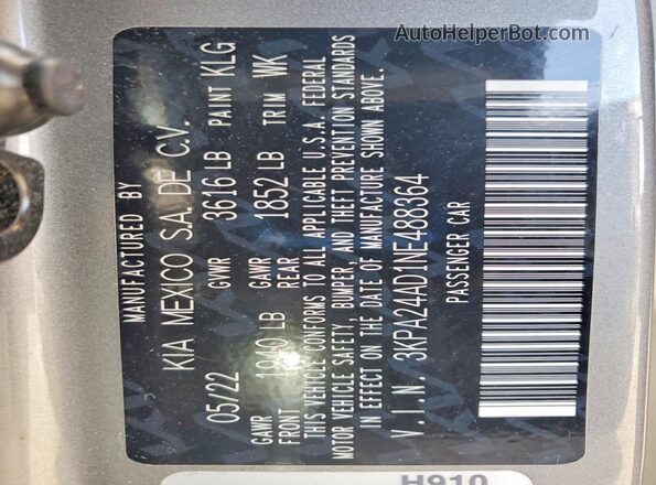3KPA24AD1NE488364 2022 KIA RIO Silver VIN sticker view
