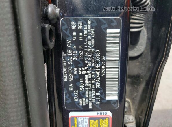3KPA24AD1NE505180 2022 KIA RIO Black Engine compartment view