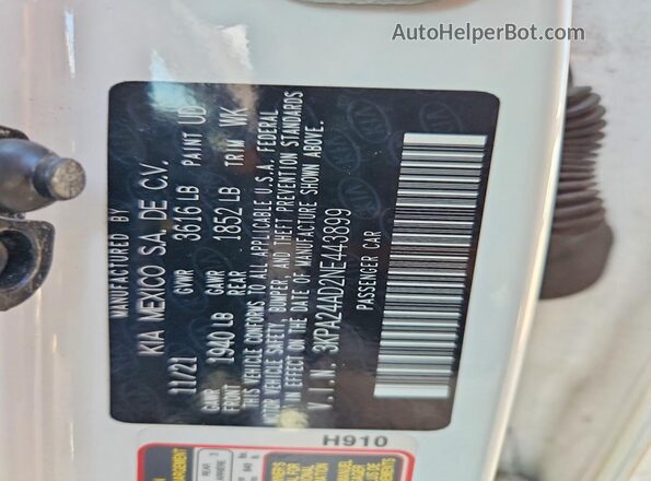 3KPA24AD2NE443899 2022 KIA RIO White Вид наклейки з VIN-кодом