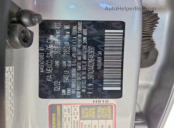 3KPA24AD2NE463697 2022 KIA RIO Silver VIN կոդի պիտակի տեսք