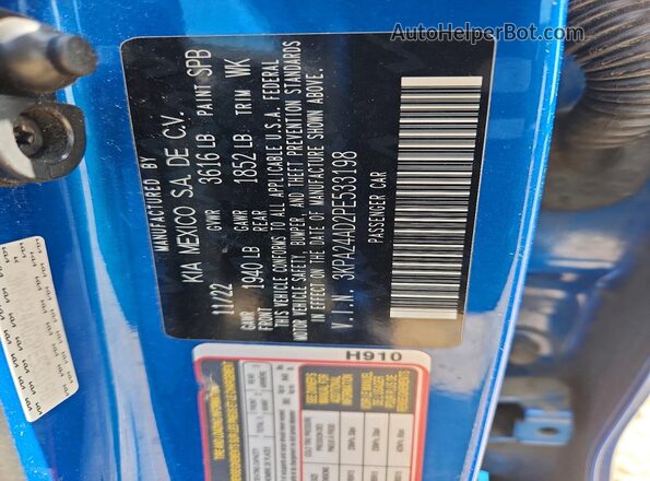 3KPA24AD2PE533198 2023 KIA RIO Blue Вид наклейки з VIN-кодом