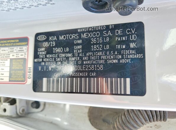 3KPA24AD3LE258158 2020 KIA RIO Белый Вид подкапотного пространства