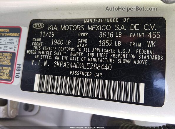 3KPA24AD3LE288440 2020 KIA RIO Silver Engine compartment view