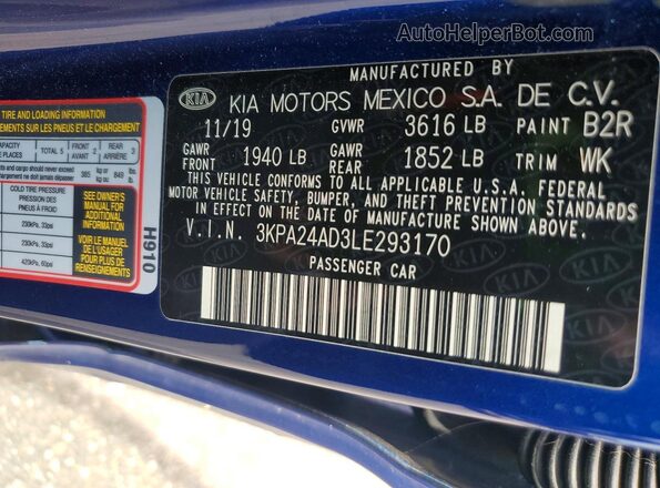 3KPA24AD3LE293170 2020 KIA RIO Blue Շարժիչի բաժամունքի տեսք