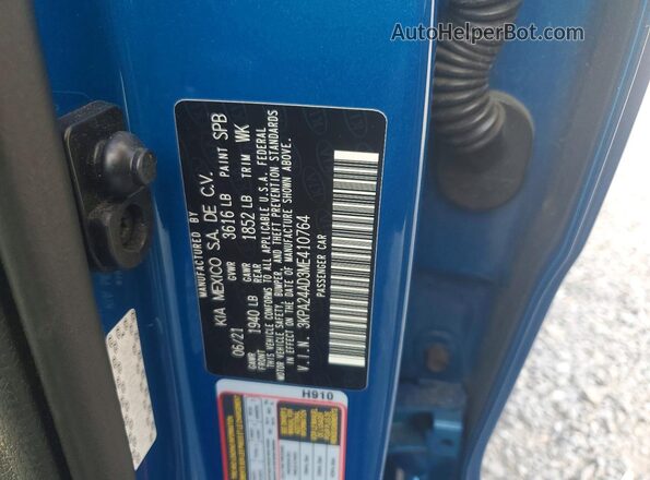 3KPA24AD3ME410764 2021 KIA RIO Blue Vista de la etiqueta del VIN