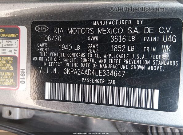 3KPA24AD4LE334647 2020 KIA RIO Gray Engine compartment view