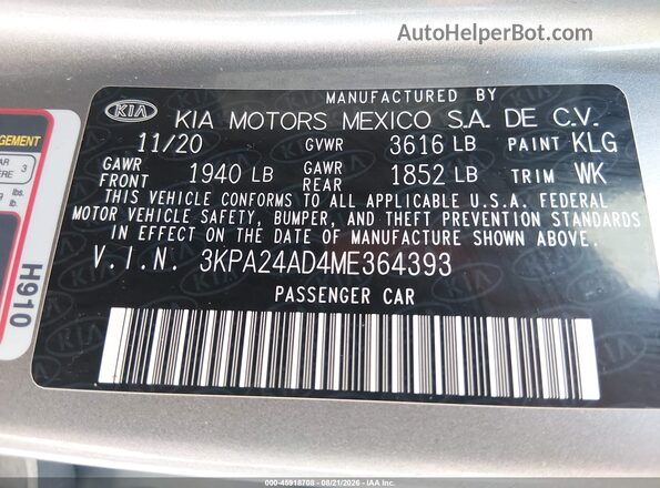 3KPA24AD4ME364393 2021 KIA RIO Silver Engine compartment view