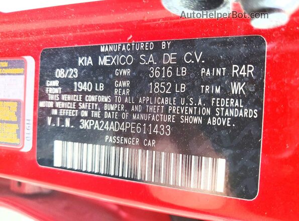 3KPA24AD4PE611433 2023 KIA RIO Red ძრავის განყოფილების ხედი
