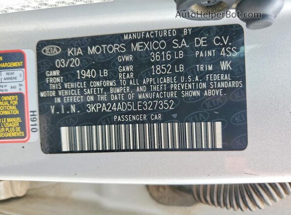 3KPA24AD5LE327352 2020 KIA RIO Серебряный Вид подкапотного пространства