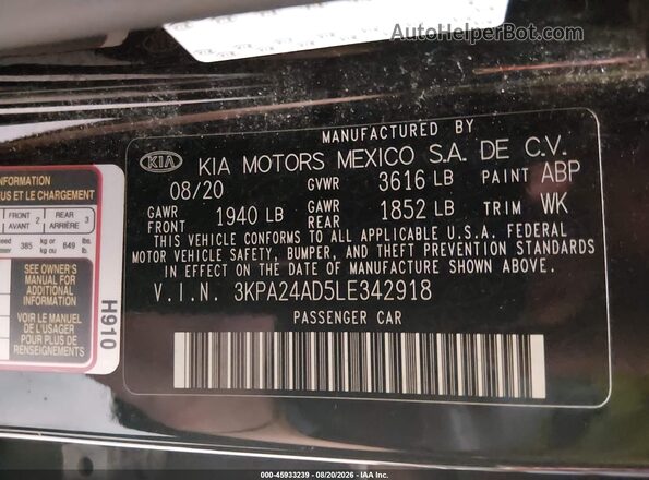 3KPA24AD5LE342918 2020 KIA RIO Black Widok komory silnika