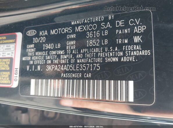 3KPA24AD5LE357175 2020 KIA RIO Black Vista del compartimento del motor