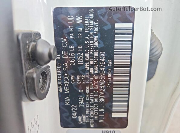 3KPA24AD5NE476430 2022 KIA RIO White Vista del compartimento del motor