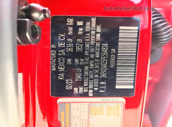 3KPA24AD5PE564834 2023 KIA RIO Red VIN კოდის სტიკერის ხედი