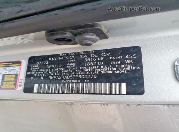 3KPA24AD5PE604278 2023 KIA RIO Gray Շարժիչի բաժամունքի տեսք