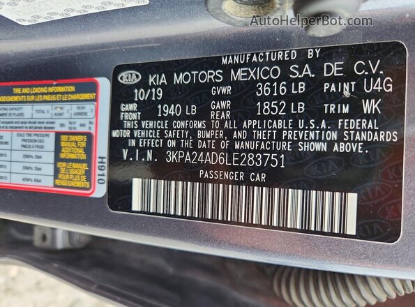 3KPA24AD6LE283751 2020 KIA RIO Gray Շարժիչի բաժամունքի տեսք