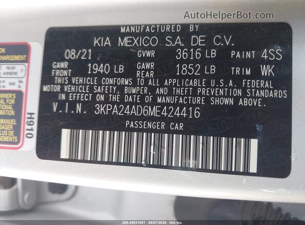 3KPA24AD6ME424416 2021 KIA RIO Silver ძრავის განყოფილების ხედი