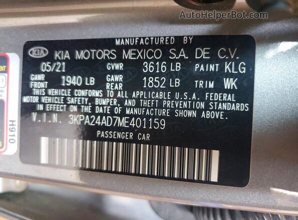 3KPA24AD7ME401159 2021 KIA RIO Gray VIN sticker view