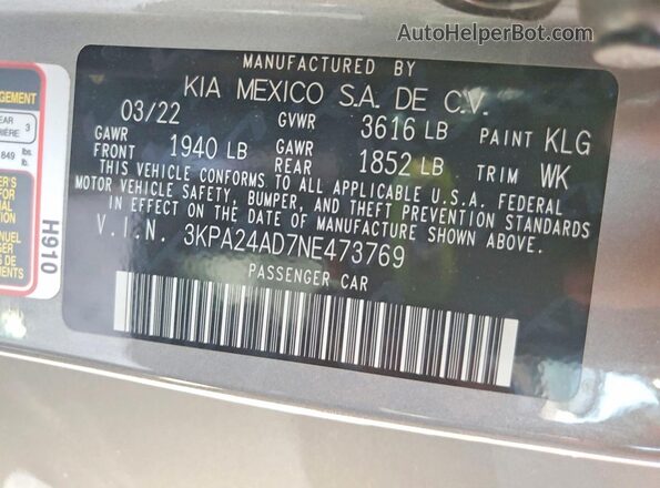 3KPA24AD7NE473769 2022 KIA RIO Серый Вид наклейки с VIN-кодом