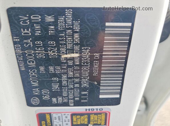 3KPA24AD8LE334943 2020 KIA RIO White Շարժիչի բաժամունքի տեսք