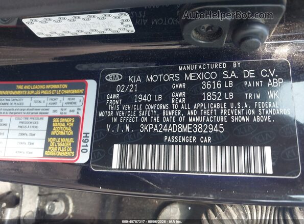 3KPA24AD8ME382945 2021 KIA RIO Black Շարժիչի բաժամունքի տեսք