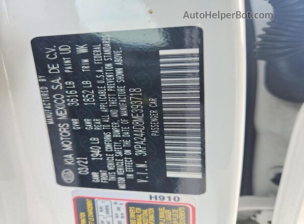 3KPA24AD8ME393718 2021 KIA RIO Белый Вид подкапотного пространства