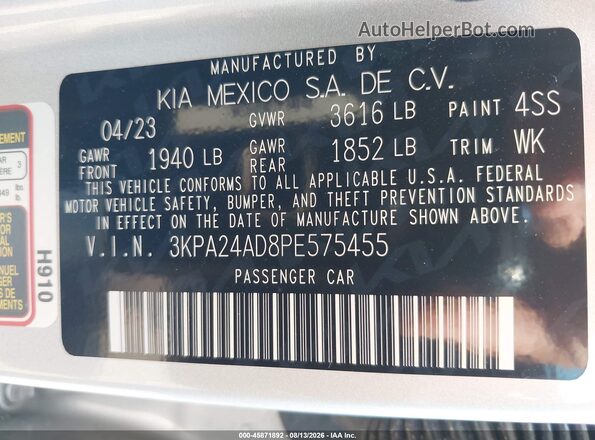 3KPA24AD8PE575455 2023 KIA RIO Silver Vista del compartimento del motor