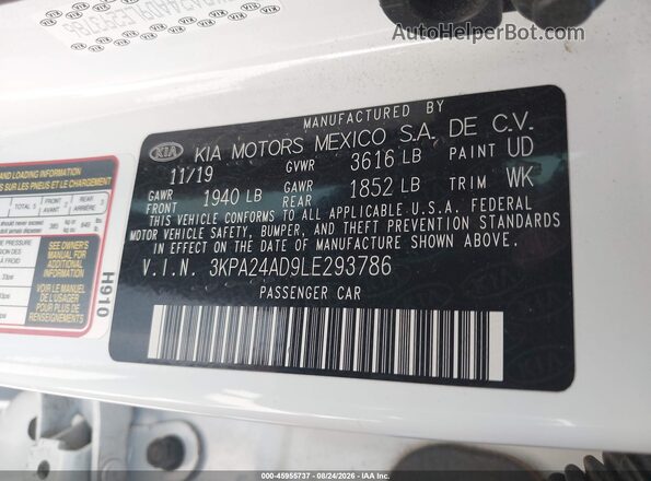3KPA24AD9LE293786 2020 KIA RIO White ძრავის განყოფილების ხედი