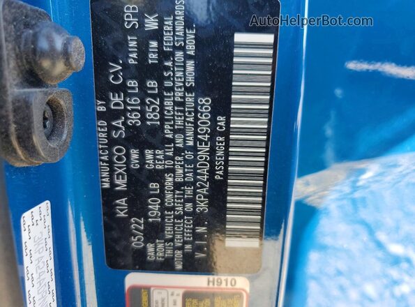 3KPA24AD9NE490668 2022 KIA RIO Blue VIN կոդի պիտակի տեսք