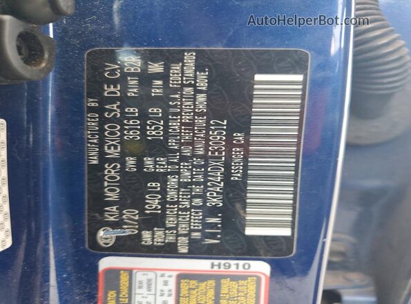 3KPA24ADXLE309512 2020 KIA RIO Blue VIN կոդի պիտակի տեսք