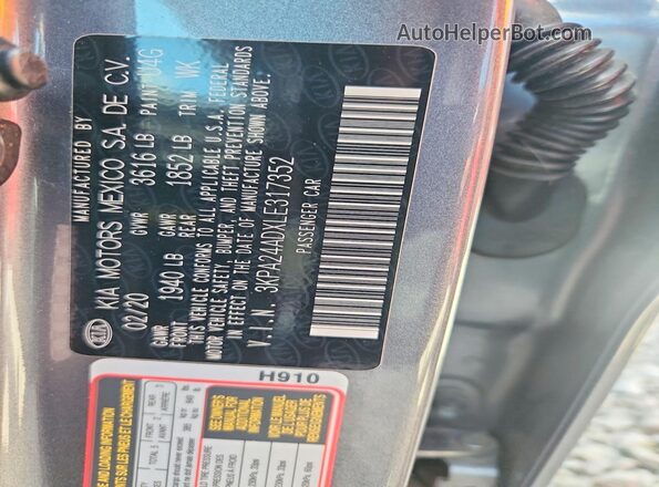3KPA24ADXLE317352 2020 KIA RIO Gray Շարժիչի բաժամունքի տեսք