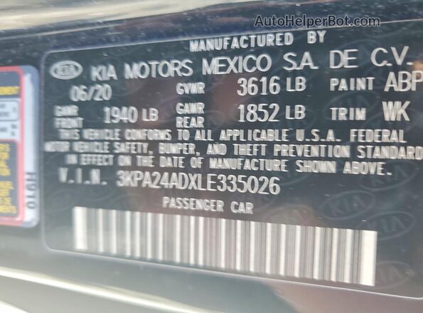3KPA24ADXLE335026 2020 KIA RIO Black Engine compartment view