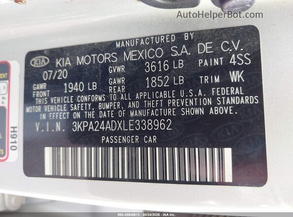 3KPA24ADXLE338962 2020 KIA RIO Silver ძრავის განყოფილების ხედი