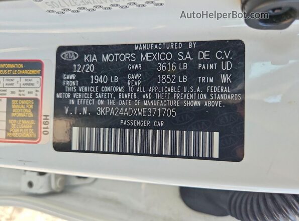 3KPA24ADXME371705 2021 KIA RIO White VIN կոդի պիտակի տեսք
