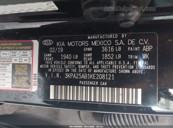 3KPA25AB1KE208121 2019 KIA RIO 5-DOOR Черный Вид подкапотного пространства