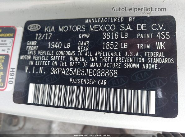 3KPA25AB3JE088868 2018 KIA RIO Silver Widok komory silnika