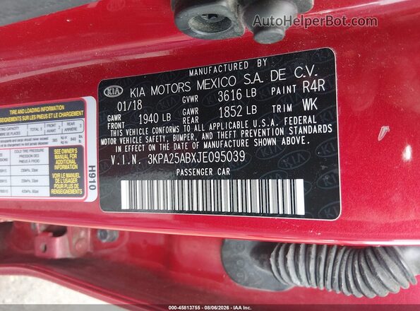 3KPA25ABXJE095039 2018 KIA RIO Red Engine compartment view
