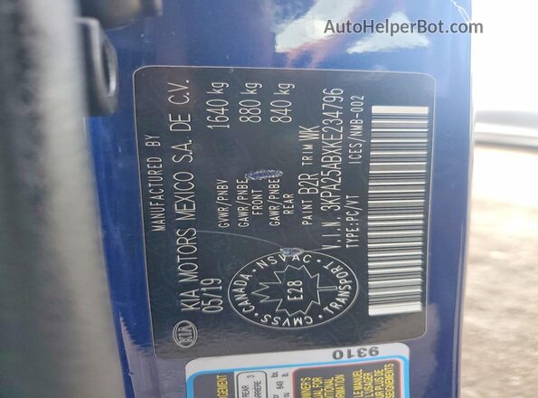 3KPA25ABXKE234796 2019 KIA RIO Blue VIN sticker view