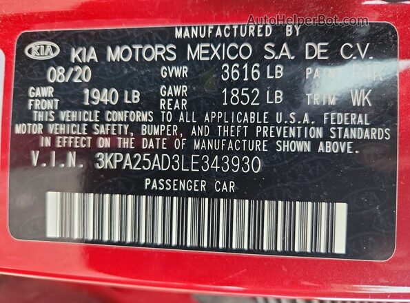 3KPA25AD3LE343930 2020 KIA RIO Red Engine compartment view