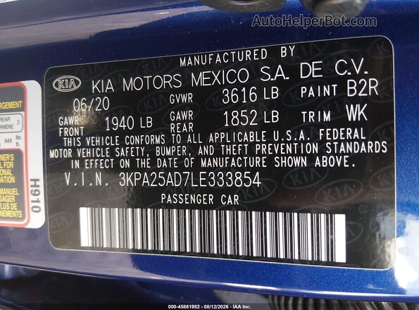 3KPA25AD7LE333854 2020 KIA RIO 5-DOOR Blue Вид підкапотного простору