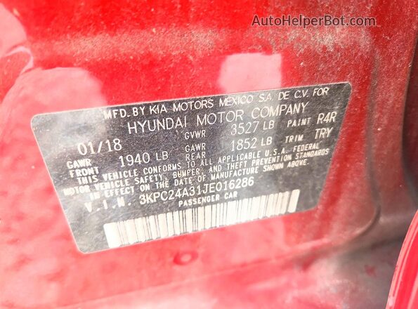 3KPC24A31JE016286 2018 HYUNDAI ACCENT Red Вид підкапотного простору