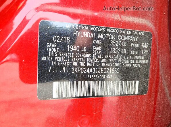 3KPC24A31JE021665 2018 HYUNDAI ACCENT Red Engine compartment view