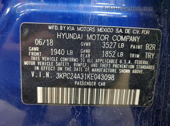 3KPC24A31KE043098 2019 HYUNDAI ACCENT Синий Вид подкапотного пространства