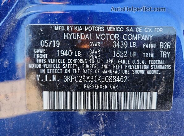 3KPC24A31KE088462 2019 HYUNDAI ACCENT Blue VIN კოდის სტიკერის ხედი