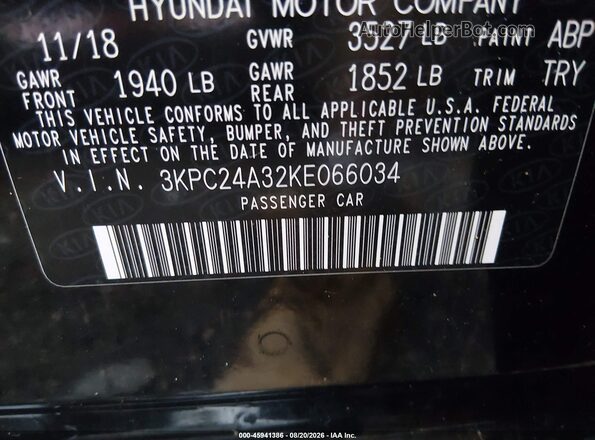 3KPC24A32KE066034 2019 HYUNDAI ACCENT Black Vista del compartimento del motor