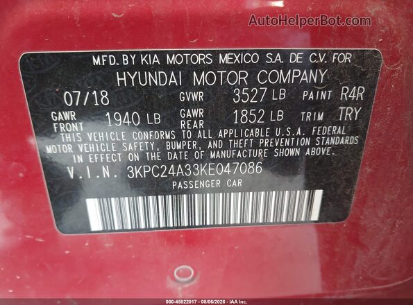 3KPC24A33KE047086 2019 HYUNDAI ACCENT Красный Вид подкапотного пространства