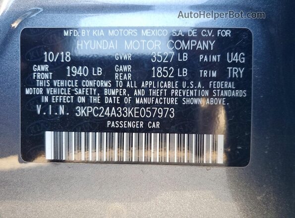 3KPC24A33KE057973 2019 HYUNDAI ACCENT Gray Widok komory silnika