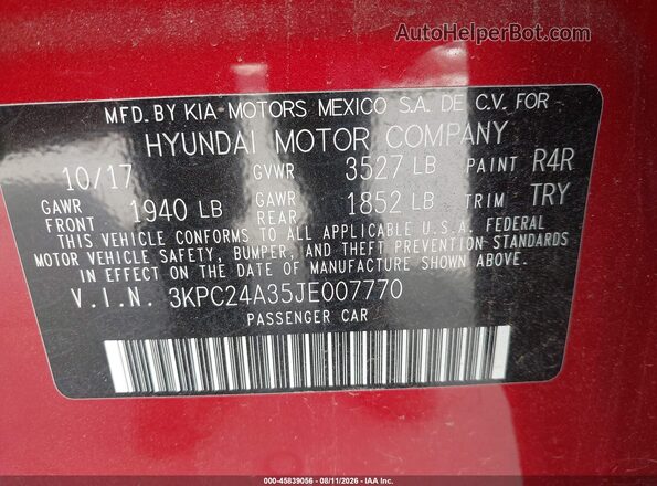 3KPC24A35JE007770 2018 HYUNDAI ACCENT Red Vista del compartimento del motor