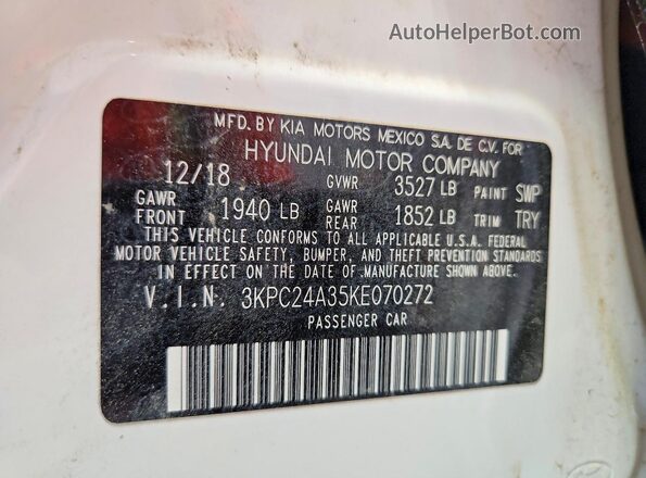3KPC24A35KE070272 2019 HYUNDAI ACCENT Белый Вид подкапотного пространства